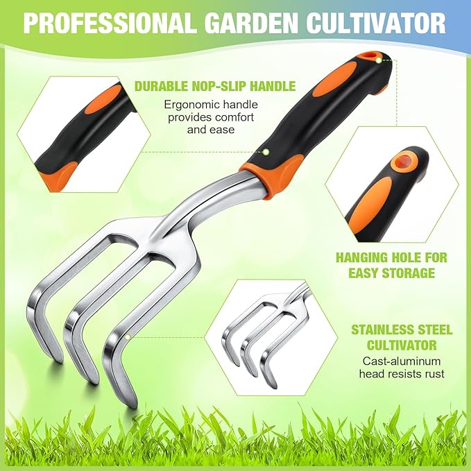 12 Pcs Hand Rake Garden Tool Mini Heavy Duty Garden Cultivator 11 Inch Small Rake Gardening Aluminum Alloy Hand Tiller with Handle for Digging Weeding Loose Soil (Red,Orange,Yellow,Green)