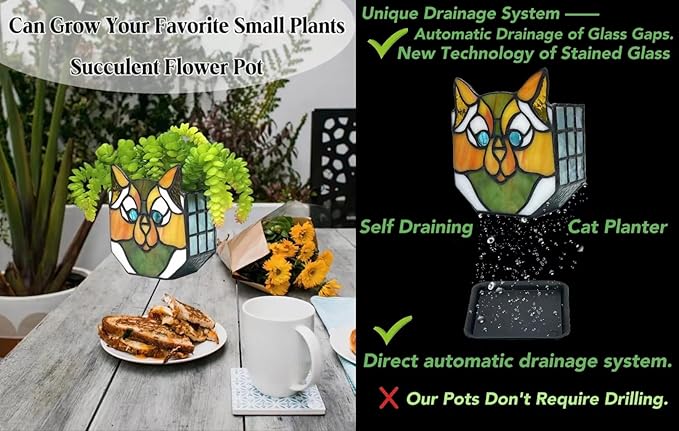 Cat Flower Pots for Indoor Plants,Stained Glass Plant Displays,Cat Succulent Planter,Candle Holder Container Decoration,4.6x5.15x2.3 in (Without Succulents)