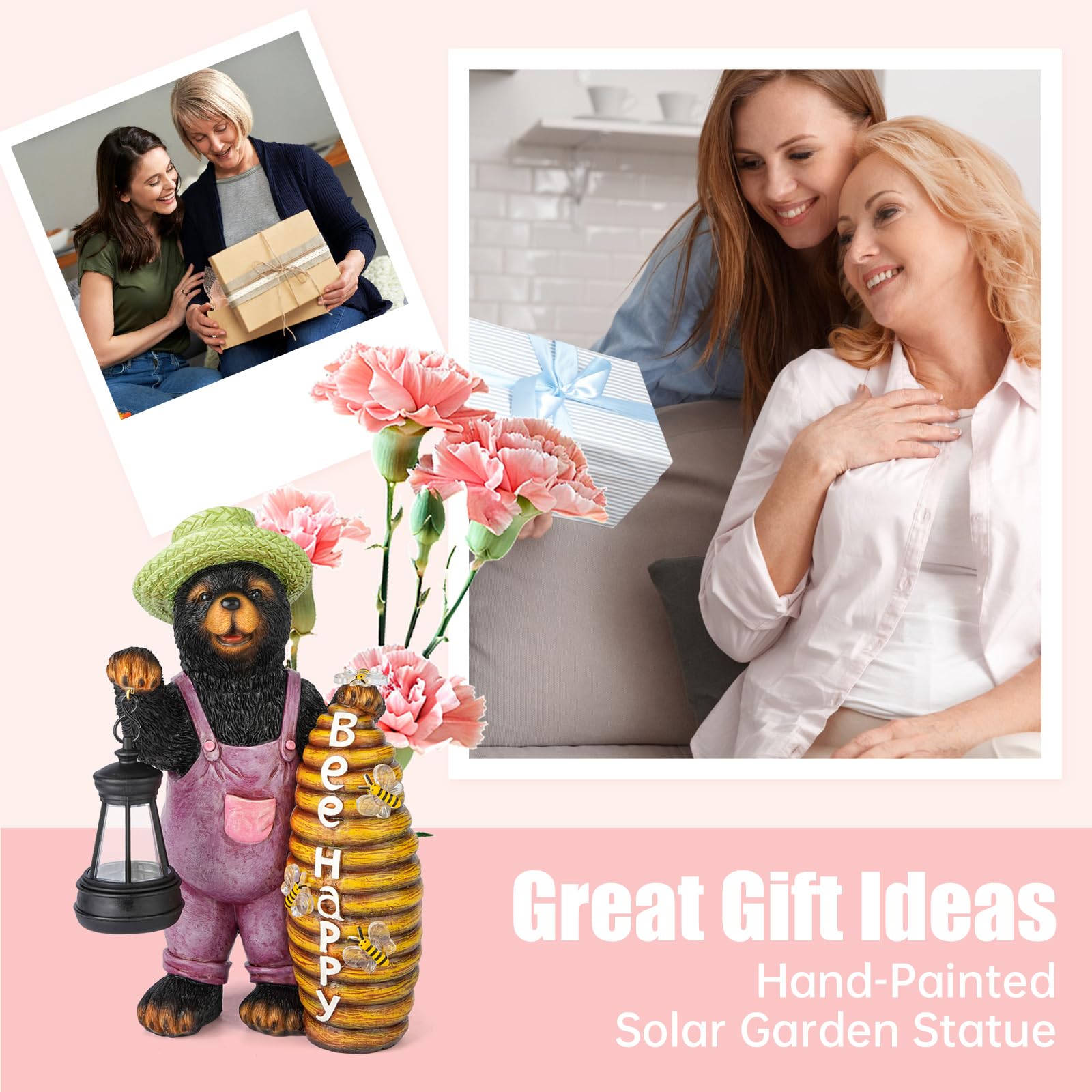 Joint Honglin Solar Adorable Bear Garden Statue with Beehive and Lantern - “Bee Happy” Resin Outdoor Decoration for Yard, Patio, or Home Decor