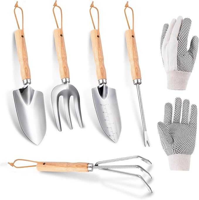 Garden Tools 5-Pieces, Heavy Duty Gardening Hand Tools with Wooden Handle, Canvas Gloves, Stainless Steel Material, Rust-Proof Garden Tool Set, Ideal Gardening Gifts for Women