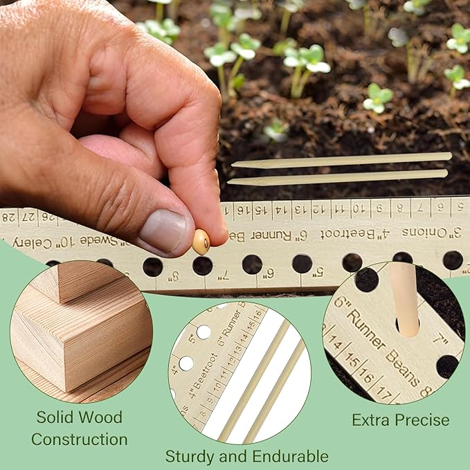 Garden Seed Spacer Planting Ruler, Precision Seed Spacer & Ruler with Holes and Plant Dibber, Wooden Measuring Tool for Seedlings, Vegetable Planting Template