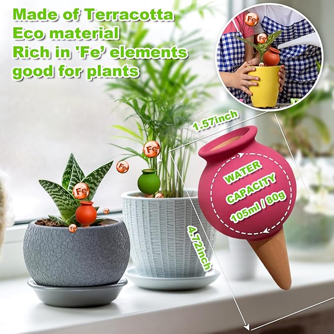 4-Pack Terracotta Self-Watering Spikes | Eco-Friendly Iron-Rich Clay Olla Irrigation System | Vacation Plant Sitter for Potted Flowers, Herbs, and Succulents
