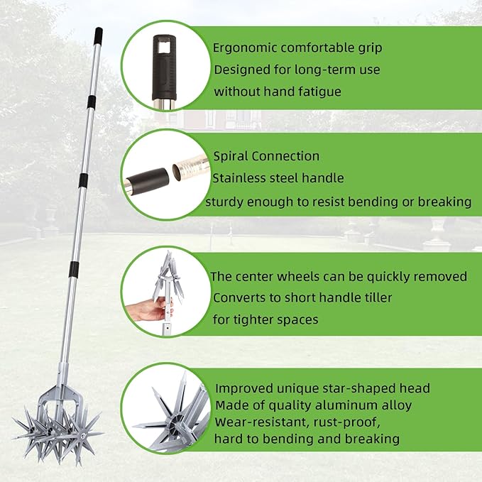 Rotary Cultivator, Adjustable Hand Tiller Garden Tool with Detachable Solid Metal Tines for Loosing and Mixing Soil,2-in-1 Manual Tiller Garden Cultivator for Reseeding Grass 58 Inch
