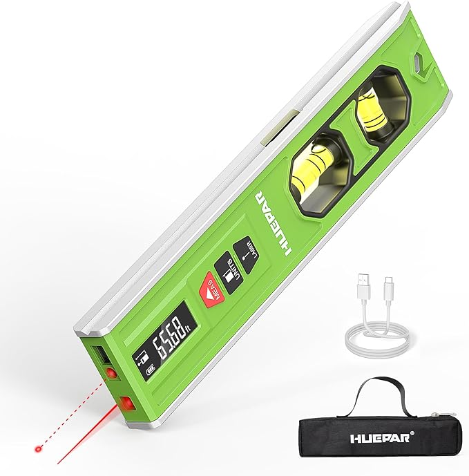 Huepar 3-in-1 Laser Level /65Ft Laser Distance Measure/Magnetic Torpedo Level, 9 in Spirit Level with LED Display and Lighted Bubble, Type C Rechargeable Magnetic Laser Leveler Tool - VJ10