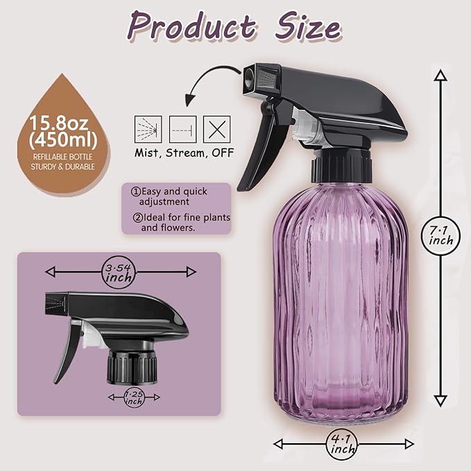 Glass Plant Mister Bottle, 15oz Refillable Water Bottle Spray, Handheld Water Spray Bottle with Adjustable Mist Nozzle for Indoor Flowers, Outdoor Gardening, Cleaning, Hair & Pets Care (Purple)