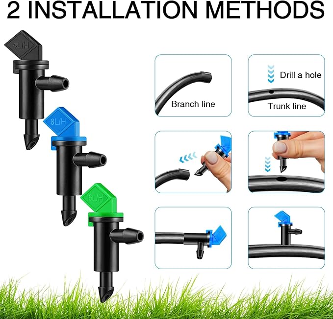 100 Pcs GPH Flag Irrigation Dripper Emitter Garden Irrigation Drip Emitter Irrigation Connect 4mm/7mm Hose for Home Garden Trees Herbs (8L/H Blue)