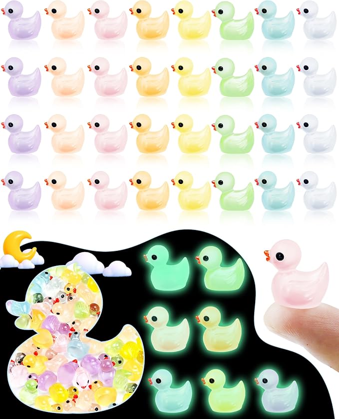 FIVEIZERO Glow in The Dark Mini Ducks Bulk 100 Pcs - Luminous Tiny Resin Ducks with 8 Colors, Small Plastic Ducks for Dollhouse Decor, Fairy Garden, Aquarium, Party Favors, Hide & Seek Prank Toys