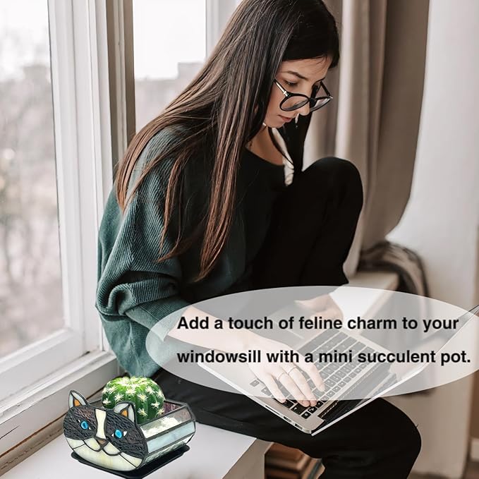 Cactus Black Cat Planter, Cute Small Stained Glass Flower Pot,Terrarium Planter for Tabletop Houseplants，Gifts for Cat Lovers 4.33x3.54x2.95 in (Flower Pot Does not Include Plants)