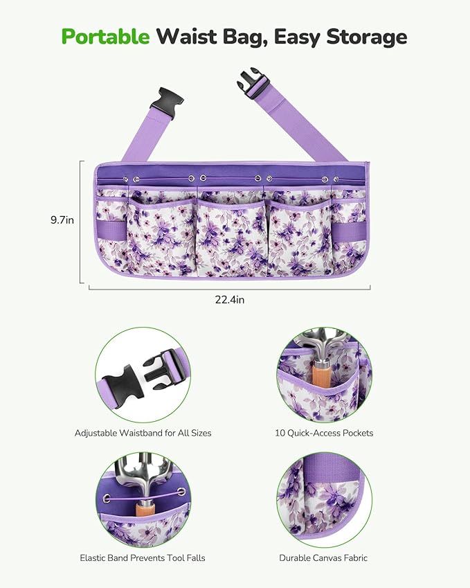 All-in-One Garden Tool Set with Tools Organizer Belt Adjustable, 10-Piece Gardening Hand Tools, Long Lasting Rust-Proof Premium Garden Tool Kit, Gardening Gift for Women Men (Purple)