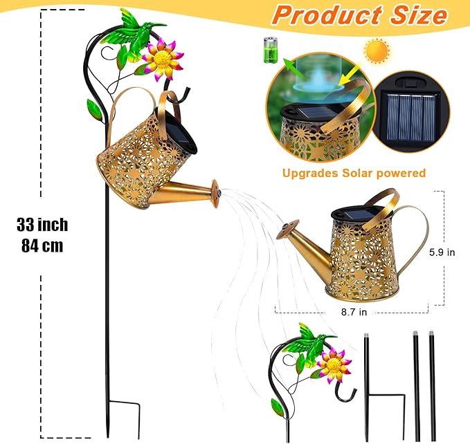 Solar Metal Watering Can with Hummingbird Shepherd Hook and Cascading Lights, Outdoor Solar Lantern for Garden, Yard, Patio Decor and Gardening Gifts for Women Mother's Day