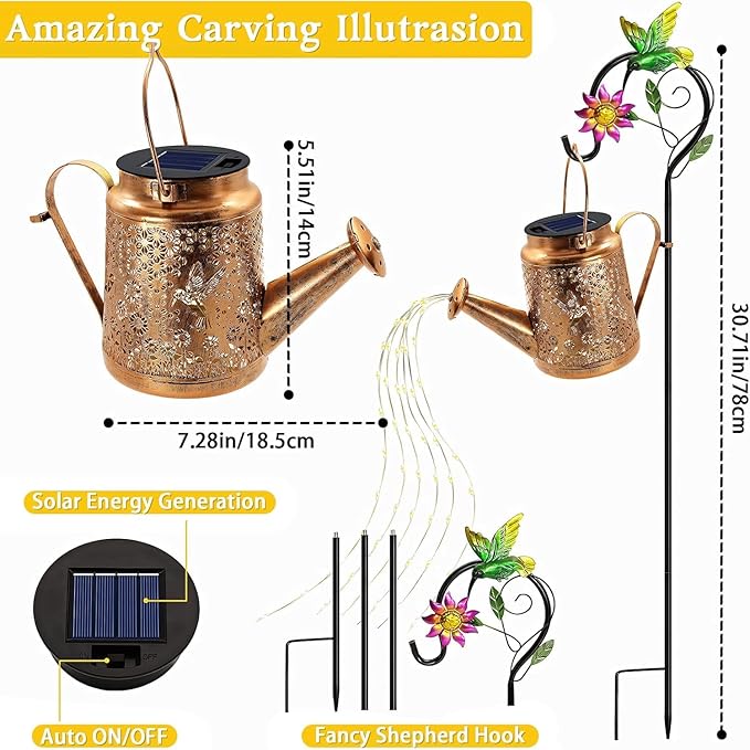 Solar Lanterns Outdoor, Hummingbird Sunflower Watering Can Lights, Waterproof Hanging Lanterns, Solar Path Lights, Outside Decoration Gardening Birthday Gifts for Mom Grandma Women with Shepherd Hook