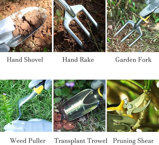 6Pcs Garden Tool Set, Includes Garden Shovel, Transplant Trowel with 4 inch Depth Marking, Hand Rake, Weed Puller, Garden Fork & Pruning Shear for Planting, Weeding, Pruning (6)