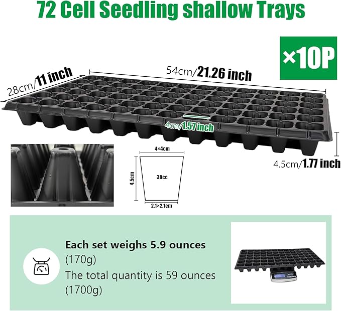 72 Cell Seed Trays, Thick Durable 72 Cell Plug Tray Seedling Plastic Nursery Tray for 1020 Flat Germination (10-Pack, 21"×11", 1.81" Height, Low)