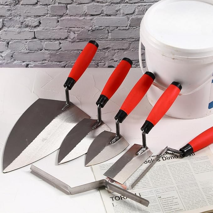 Lasnten 6 PCS Masonry Hand Tool Set 11" x 5-1/2" Philadelphia Brick Trowel 2 Pointing Trowel 5 x 2'' Margin 1/2" Tuck 5/8'' x 1/2'' Convex Brick Jointer Soft Grip Handle Concrete Towel Tool Finishing