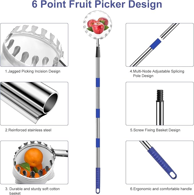 Numola Fruit Picker Pole with Basket, 10.3FT Adjustable Pole with 2 Strawberry Bags for Orange, Lemon, Avocado, Mango, Cherry, Apple, Pear, Apricot, Limes, Peach, Plums, Persimmons Tree Picker, Blue