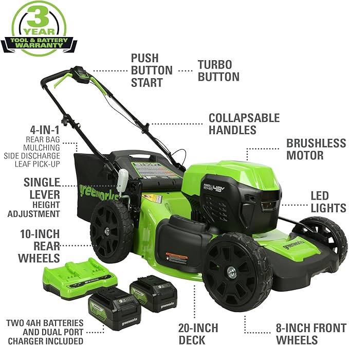 Greenworks 48V (24V x 2) Lawn Mower Combo Kit with 20" Steel Deck, 12" String Trimmer, 320 CFM Blower, 10" Fan (500 CFM) – All-in-One Cordless Combo: Ideal for Home Yard Work & Indoor Cleaning