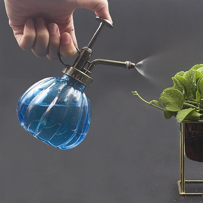 Plant Mister, 6.5" Tall Vintage Style Decorative Glass Water Spray Bottle with Top Pump Small Watering Can (Blue)
