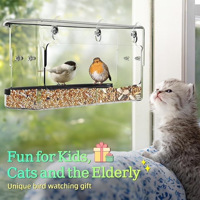 Ermete Window Bird Feeder with Strong Suction Cups, Large View Clear Feeder, Seed Tray, 13in x 5.5in x 4.2in for Outside Weather Proof (Style 1)