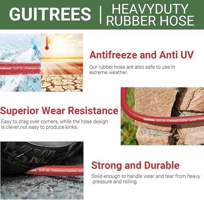 50FT 3/4 Heavy Duty Rubber Garden Hose - 200psi Working, 1000psi Burst - Hot/Cold Water - Five-Layered Braiding for Durability - Versatile for Gardening, Agriculture, Construction(Red)