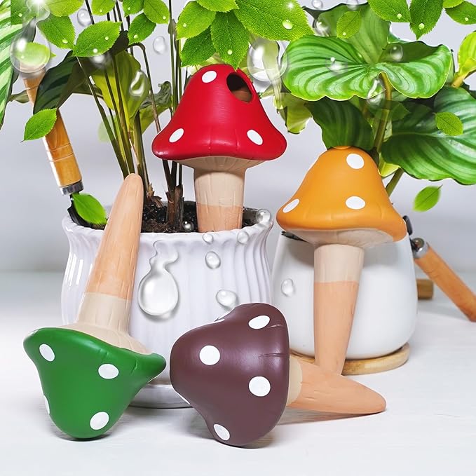 Terracotta Self Watering Spikes, 4 Pack Mushroom Self Watering Planter Insert, Vacation Plant Slow Release Watering Devices for Indoor Outdoor Plants, Colorful Large Water Globes