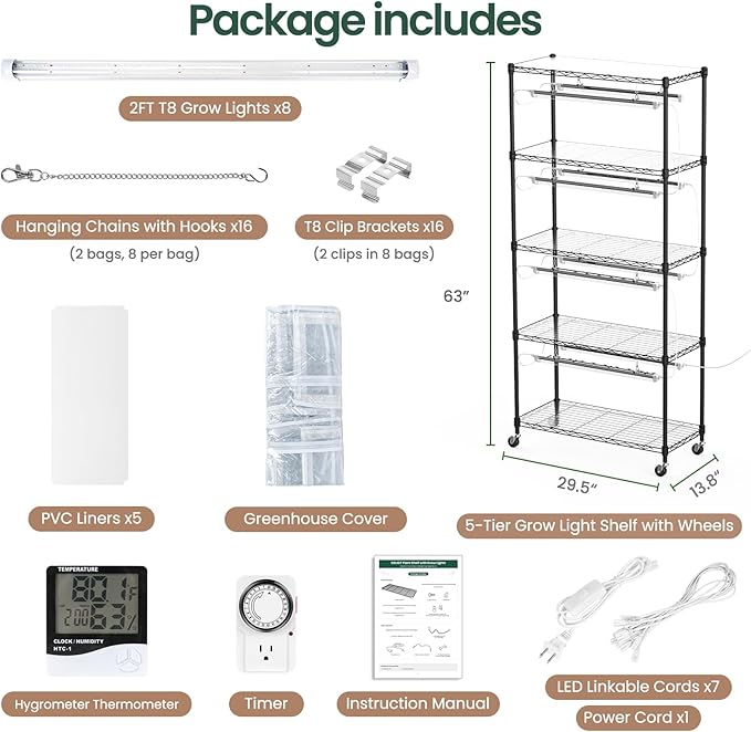 SOLIGT Indoor Greenhouse with Grow Lights - 5 Tier Plant Shelf & 8 x 2FT 6000K Full Spectrum Lights, Thick PVC Cover, Mesh Ventilation, Mini Small Greenhouse Cabinet for Seed Starting Seedlings Growth