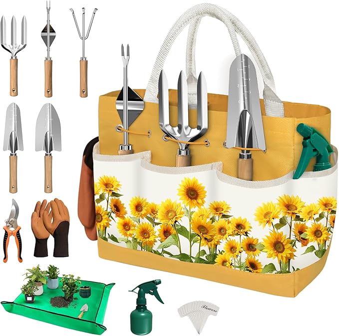 22Pcs Gardening Tools Set for Women Heavy Duty Garden Hand Tool Kit Gifts for Mom Beginner Gardener Gardening Accessories with SunflowerTote Bag/Shovel/RepottingMat/Plant Labels/Gloves-Yellow