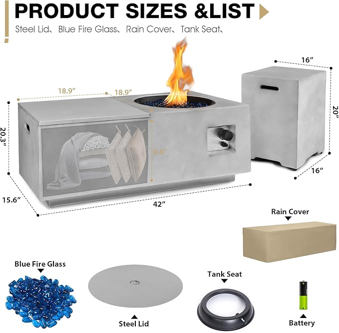 42inch Fire Pit Table Propane, 40,000 BTU Rectangle Concrete Fire Table with Hidden Storage, Tank Cover, Metal Lid, Rain Cover, Blue Glass - Gas Fire Pit for Outside Patio, Backyard