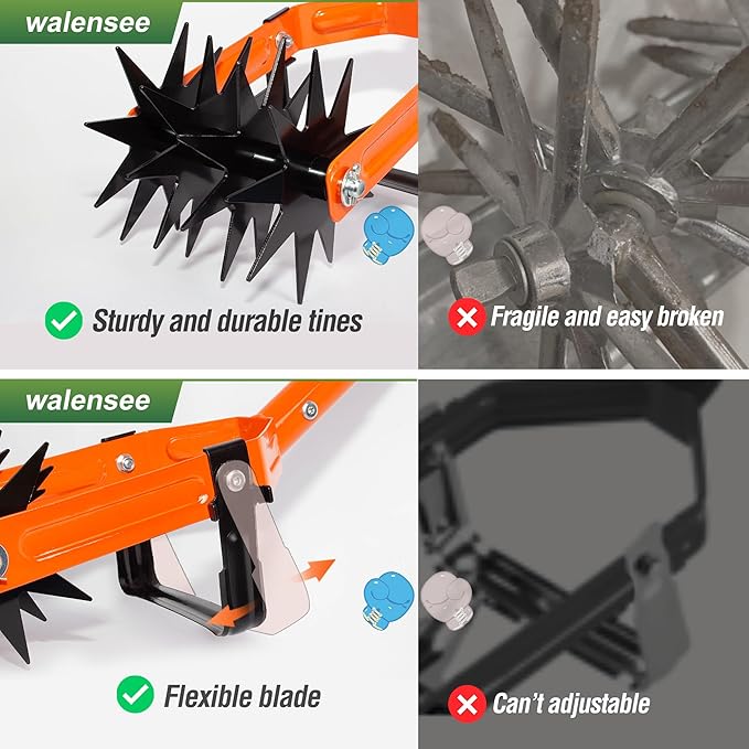 Walensee Rotary Cultivator Garden Tool, Adjustable Long Handle Hand Tiller with Star-Shaped Rolling Tines, 2-in-1 Weeder & Soil Aerator for Lawn Care, Reseeding Grass, Soil Mixing, Manual Yard Tiller