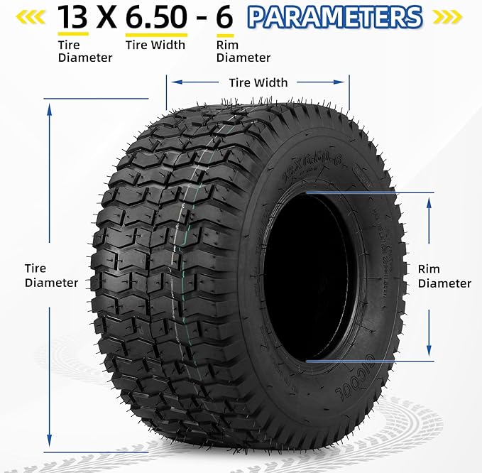 (2 Pack) 13x6.50-6 Lawn Mower Tubeless Tire, 13x6.5-6 for Tractor Riding Lawnmowers, 4 Ply, Turf-V Pattern