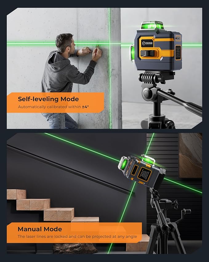 CIGMAN 3x360° Laser Level with Remote&APP Control, Green Self Leveling Cross Line Laser for Construction and Picture Hanging, 3D Vertical/Horizontal Line, Magnetic Rotating Stand Included