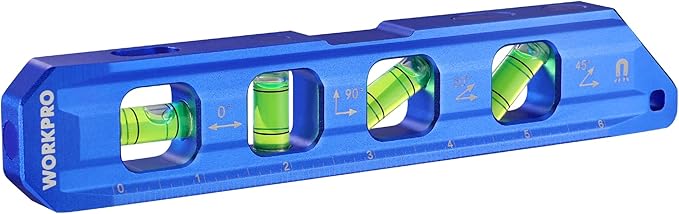WORKPRO 8-Inch Magnetic Torpedo Level, Aluminum Alloy Construction, 4 Bubble Vials for 0°/90°/45°/30° Measurements, Cobalt Blue