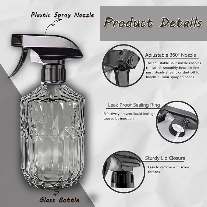 Glass Handheld Spray Bottle, 15oz Refillable Water Bottle Spray, Reusable Adjustable Nozzle Plant Mister Spray Bottles Indoor, Plant Mister for Hair, Cleaning, Gardening, Pets Care (Dark Grey)