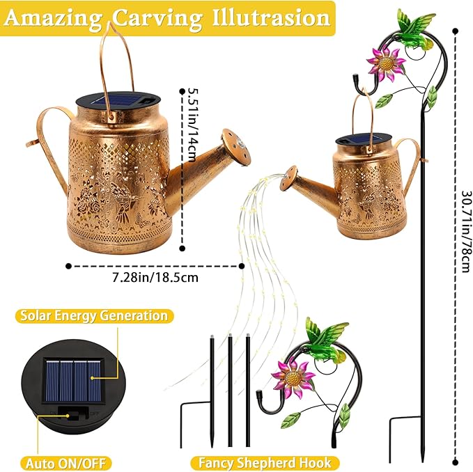 Solar Lanterns Outdoor Waterproof, Hummingbird Watering Can Garden Decor, Hanging Solar Path Lights Yard Art, Outside Patio Decoration Gardening Birthday Gifts for Mom Grandma Women with Shepherd Hook