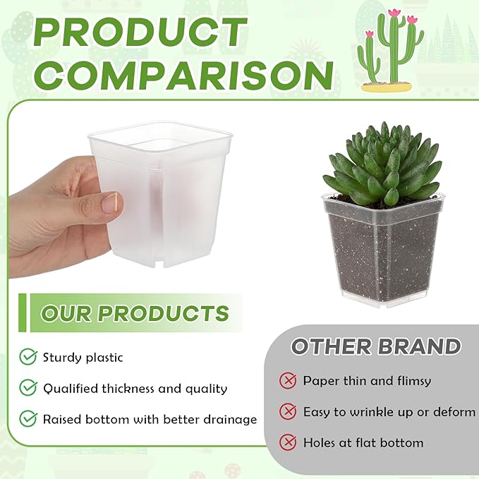 Yaomiao 200 Pack 3 Inch Clear Nursery Pot Square Flower Pots Plastic Plant Succulent Planter Seed Starting Pots with Drainage Holes for Garden Office Balcony Decor Indoor Outdoor Plant Seedling