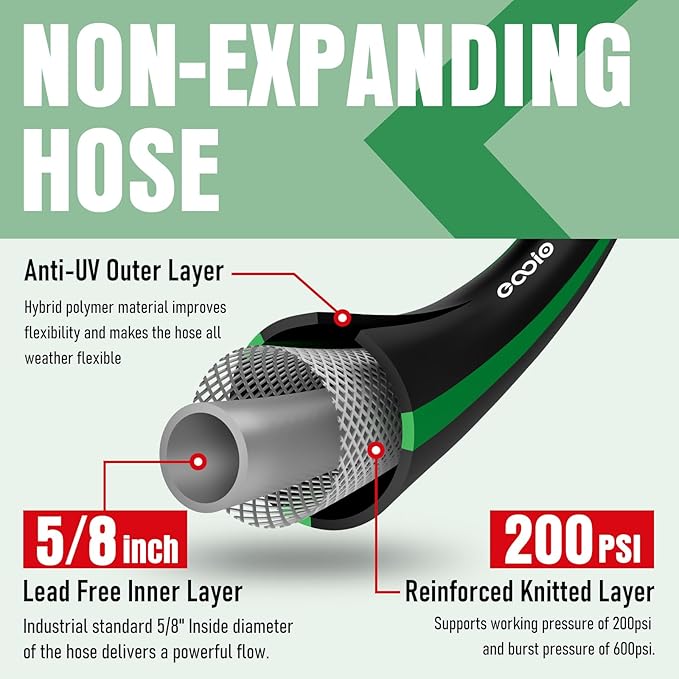 Garden Hose 50ft with 10 Function Nozzle, NON-EXPANDABLE Flexible Water Hose, Kink Resistant Lightweight Hybrid Hose, Leakproof Hose Male to Female Fittings