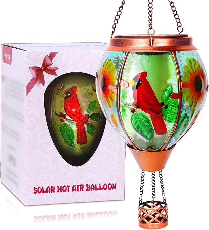 Solar Hot Air Balloon Lantern with Flame， Cardinal Glass Solar Hanging Lights Outdoor Yard Patio Farmhouse Decoration, Cardinal Gifts for Women Grandma Mom - Cardinal
