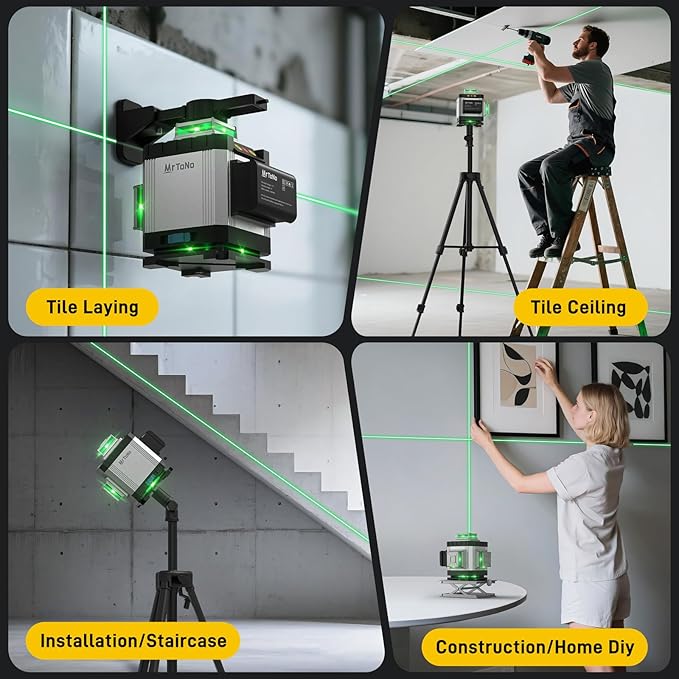 Laser Level, MrToNo 4 x 360 °laser level 360 self leveling, 16 Lines 4D lazer leveler tool Green 360 laser level, for Construction, Ceiling, Tiling, Framing, Home Renovation, Picture Hanging (Silver)