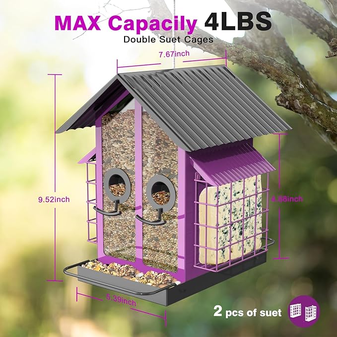 Bird Feeders for Outdoors, Metal Bird Feeder with Double Suet Cage Weatherproof Metal Roof, 2 in 1 Mixed Seeds Suet Feeder, 4Lbs Large Capacity, Great for Finch、Cardinal、Chickadee（Purple）