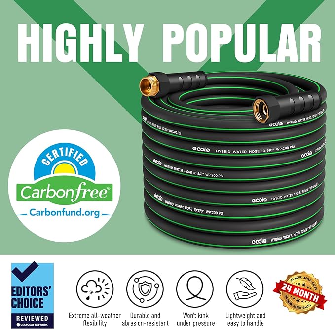 Heavy Duty Garden Hose 100ft with Nozzle, NON-EXPANDABLE Flexible Water Hose, Kink Resistant Lightweight Hybrid Hose, Leakproof Hose Male to Female Fittings
