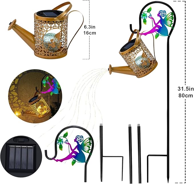Solar Lights Garden Decorative, Solar Watering Can with Cascading Lights, Waterproof Metal Lantern with Fairy Shepherd Hook, Outdoor Decor for Yard, Patio, Gifts for Mother's Day, Women