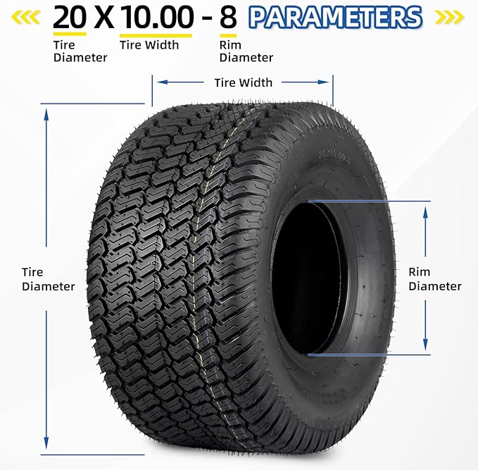 (2 Pack) 20x10.00-8 Lawn Mower Tubeless Tire, 20x10-8 Garden Tractor Riding Lawnmowers Tyre, 4 Ply, Turf-V Pattern