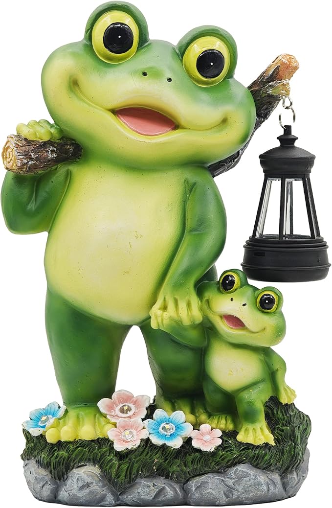 Outdoor Frog Garden Decor: 10'' Yard Decoration with LED Lantern Funny Solar Parent-Child Frog Statue Gifts for Women Gardener Housewarming Gift