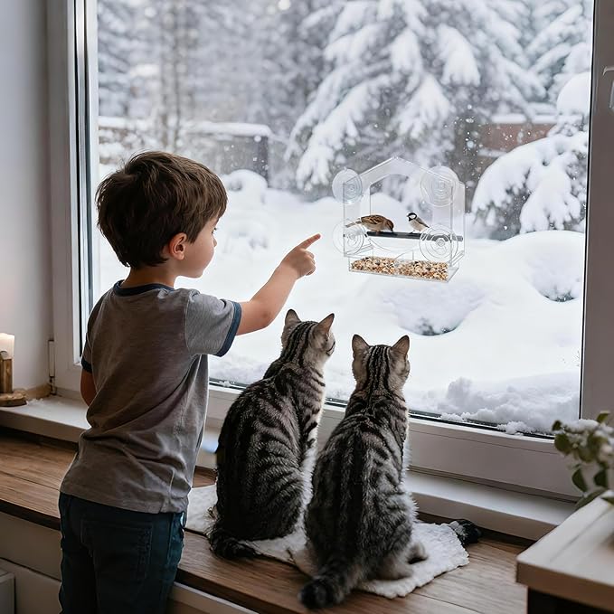Clear Window Bird Feeder for Outside - Strongest Suction Cups 360° View Acrylic Design, Easy Fill & Clean Removable Tray-Perfect Christmasfor Gifts Bird Lovers, Kids, Grandparents,Cat Owners