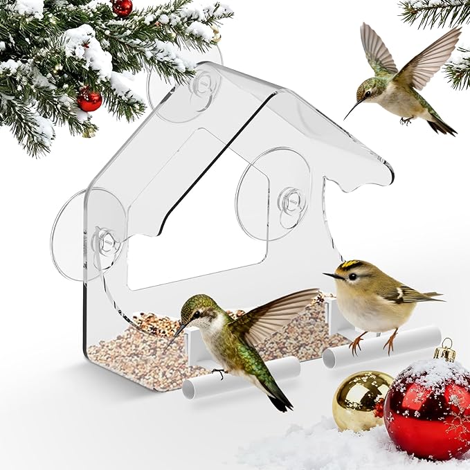 Clear Window Bird Feeder for Outside - Strongest Suction Cups 360° View Acrylic Design, Easy Fill & Clean Removable Tray-Perfect Christmasfor Gifts Bird Lovers, Kids, Grandparents,Cat Owners