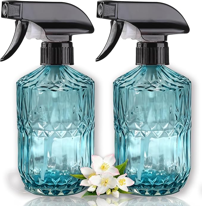Glass Plant Mister Bottle, 15oz Refillable Water Bottle Spray, Handheld Water Spray Bottle with Reusable Adjustable Mist Nozzle for Indoor Flowers, Outdoor Gardening, Cleaning, Hair & Pets Care (Blue)