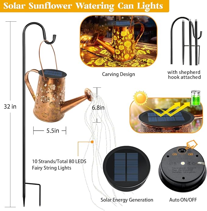 Solar Watering Can Lights, Christmas Sunflower Gifts for Women Mom Grandma Birthday, Large Hanging Solar Lantern Waterproof Outdoor Garden Decorations for Yard Porch Landscape Patio Pathway