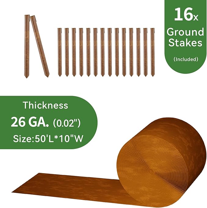 Worth Galvanized Steel Landscape Edging 10" x50' Metal Garden Edging Roll Flexible Bender Border with 16Pcs Stakes for Lawn, Flower Bed Edges, Rust-Colored Painted