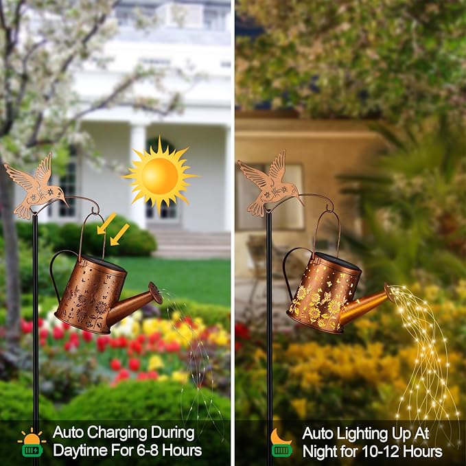 Outdoor Hanging Solar Lantern Waterproof Set Outside Metal Sunflower & Butterfly watering can Landscape Lights for Garden Yard Patio Pathway Decor Birthday Gifts for Women Mom Grandma -With Floor Pole