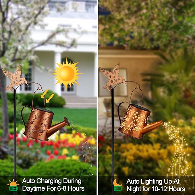 Outdoor Hanging Solar Lantern Waterproof Set Outside Metal Openwork Cardinal watering can Landscape Lights for Garden Yard Patio Pathway Decor Birthday Gifts for Women Mom Grandma -With Floor Pole