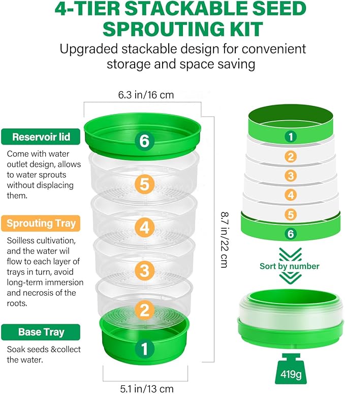 HK Stackable Seed Sprouting Kit, 4-Tier Microgreens Growing Kit with Drain Holes and Drain Tray, Fresh Organic Bean Seed Sprouter Tray, Soil-Free Sprouter Tray for Beans Alfalfa Seeds